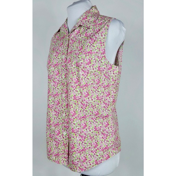 Pink & Green Floral Top M Sleeveless Button Front - Picture 6 of 8